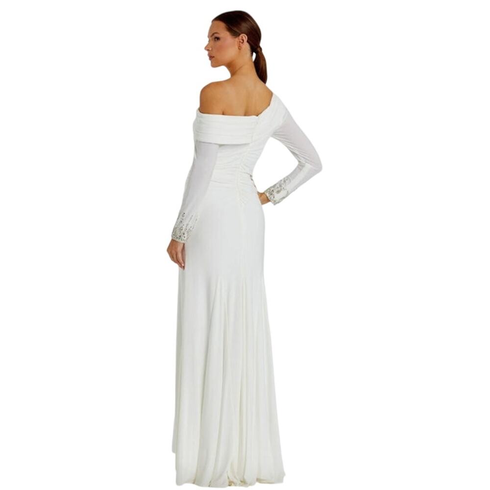 MAC DUGGAL Dress Size 10 Evening Gown White Off Shoulder Long Sleeve Rhinestone - Picture 2 of 7